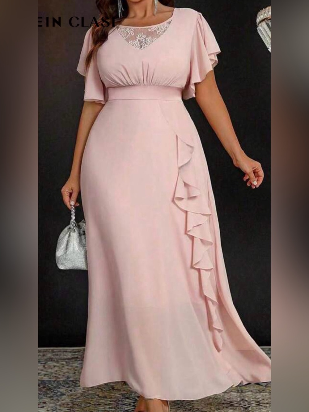 SHEIN Clasi Plus Size Women Contrast Lace Ruffle Sleeve Flowing Elegant Dress